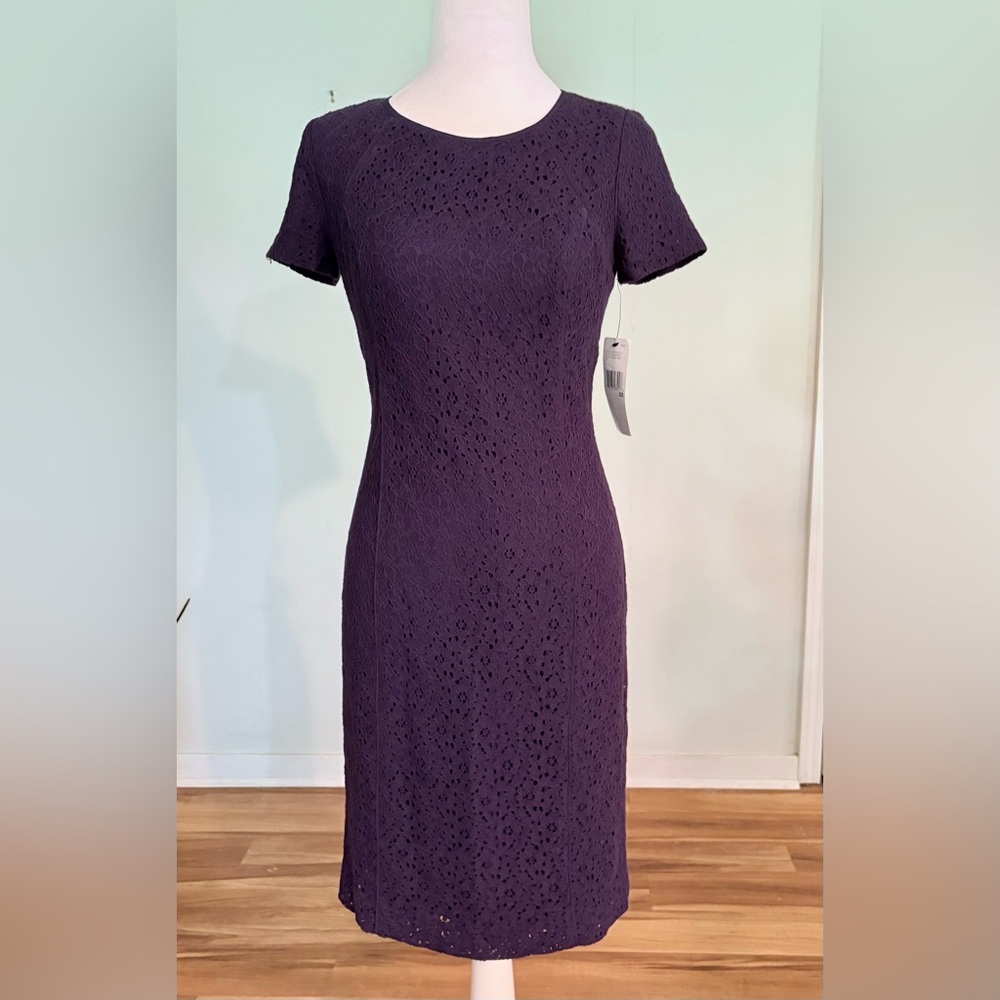 NWT, DKNY, Purple Lace Bodycon Sheath Midi Dress, Size 2